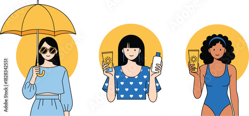Minimalist Flat Vector Illustration Set of Diverse Women Protecting Skin from the Sun, Featuring Sunscreen Application, Swimwear, Sunglasses, and a Protective Umbrella for Skincare and Summer
