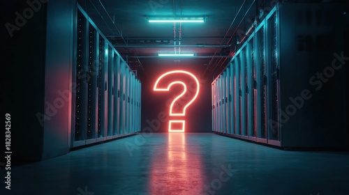 Glowing neon question mark in a dark modern server room, symbolizing data center challenges or cyber security issues