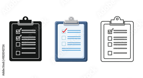 Set of three clipboard icons with checklist and survey symbols in solid, color, and outline style