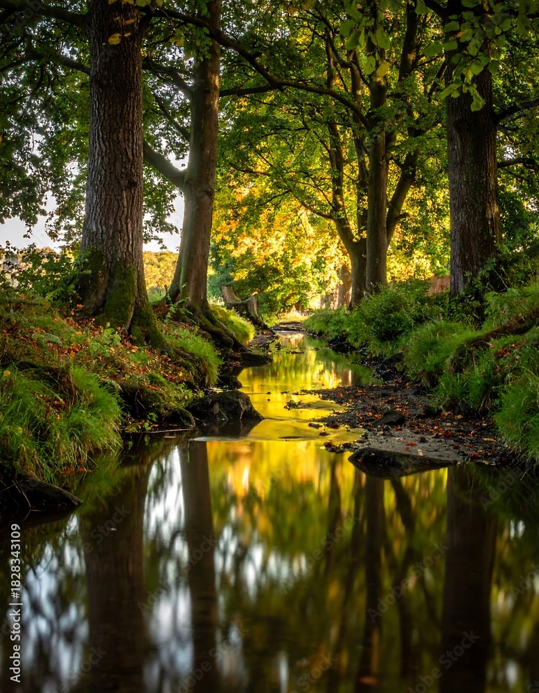 Fototapeta premium Scenic image of a stream flowing through a tree-lined area with fall foliage