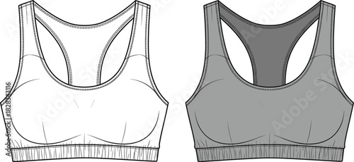 Technical Flat Drawing Vector Illustration of a Women's Racerback Sports Bra with an Elastic Hem, Shown in Both Outline and Filled Solid Grey Tonal Views for Activewear Design