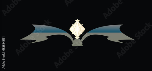 The image you described showcases a symmetrical design that is visually captivating, set against a stark black background that enhances its elements. At the center, the white gem-like ornament, 