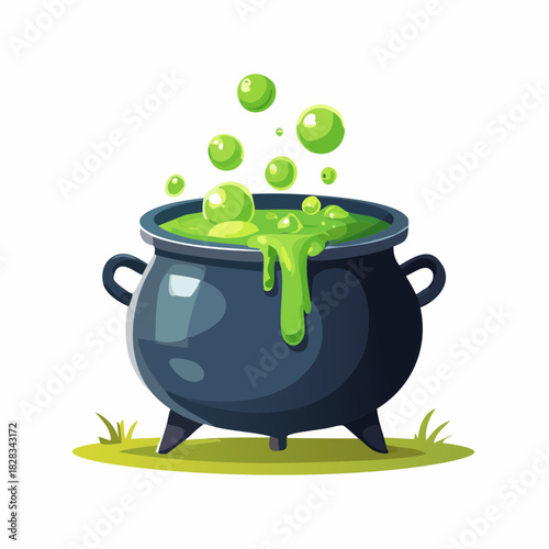 Whimsical bubbling green potion overflowing from a classic black cauldron, a magical brew for spooky tales and enchantment
