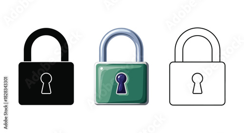 Set of three padlock icons in solid black, colored glossy, and outline style