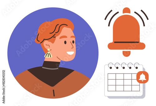 Side portrait of a woman, large notification bell emitting signal, calendar with reminder. Ideal for time management, event planning, reminders, organization, productivity, scheduling notification
