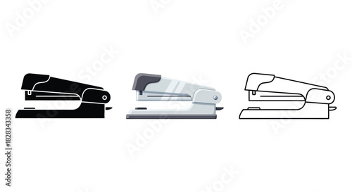 Set of three stapler icons in black, color, and outline style