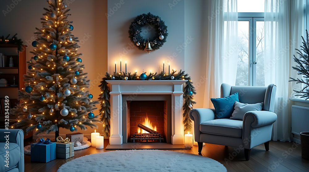 Fototapeta premium Fireplace with christmas decorations at home