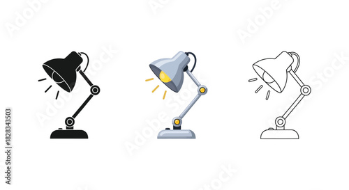 Set of three adjustable desk lamp icons in solid silhouette, colored illustration with light, and outline style