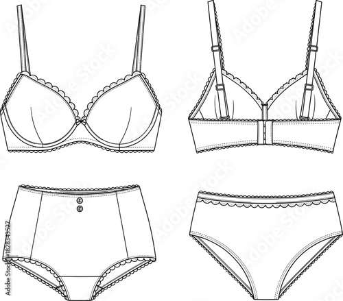Technical Flat Drawing Vector Set of a Women's Matching Lingerie Ensemble, Featuring Front and Back Views of a Padded Bra and High-Waisted Knickers with Lace Trim Details