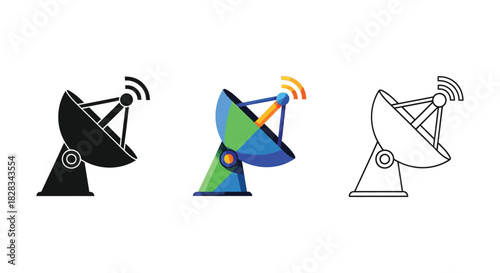 Set of three satellite dish icons showing signal transmission in black, color, and outline styles
