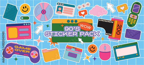 A collage of 90sthemed stickers Featuring tech items emojis and various designs on a grid