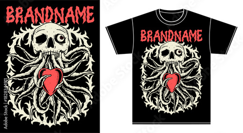 tshirt illustration design metal band merchandise skul octopus and heart