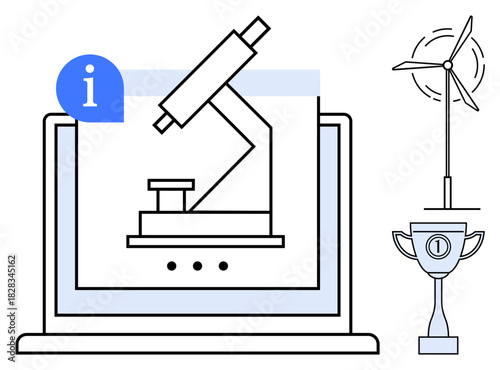 Research concept. Research illustrated with a microscope on a laptop screen, wind turbine, and trophy innovation and sustainability. Research supporting science, technology, energy, environmental