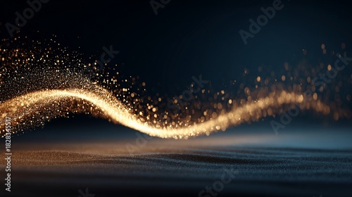 Abstract, dynamic swirl of shimmering golden particles against a dark blue background