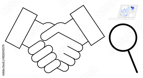 Handshake with laptop displaying analytics and magnifying glass nearby, representing collaboration, agreements, research, analytics, trust, investigation, and partnership. Ideal for teamwork