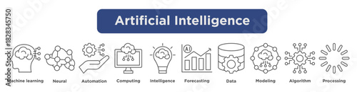 AI concepts illustrated with icons showing machine learning, neural systems, automation, data, and algorithms.
