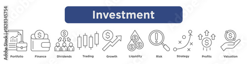 Investment concepts illustrated with icons showing portfolio, trading, growth, risk, profits, and valuation.