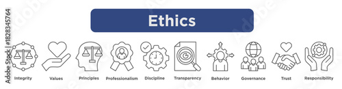 Ethics concept with icons showing integrity, values, principles, transparency, and responsibility.