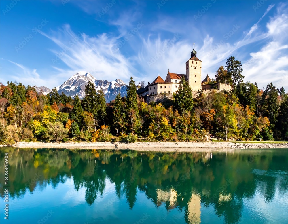 Naklejka premium Scenic shot of a medieval castle on a hill by a lake, surrounded by autumn trees, mountains in the distance
