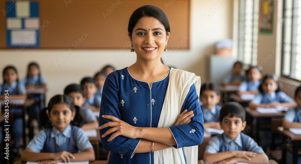 Naklejka premium Young Indian female teacher in classroom, students blurred.