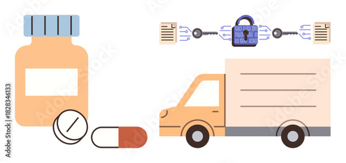 Medicine bottle, pills, capsule, delivery truck, and chain-linked lock representing pharmaceutical supply chain security. Ideal for healthcare, logistics, blockchain, innovation trust safety