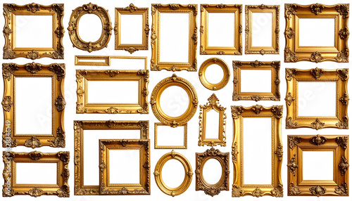 Collection of ornate antique gold picture frames in various shapes and sizes image photo