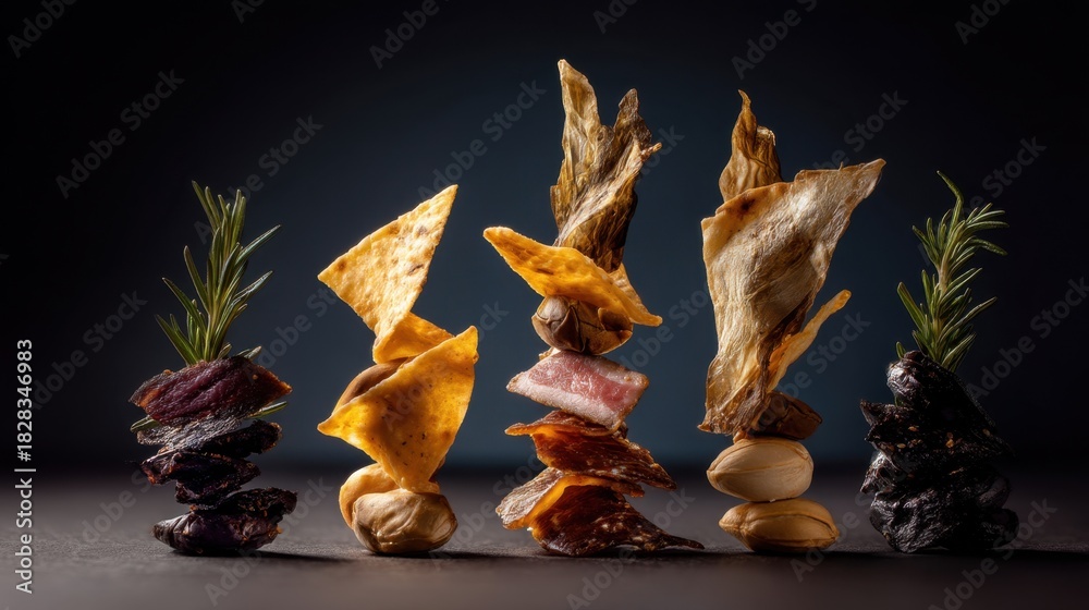 Obraz premium Artistic Arrangement of Various Snacks and Crispy Treats Stacked with Herbs on Dark Background for Food Photography