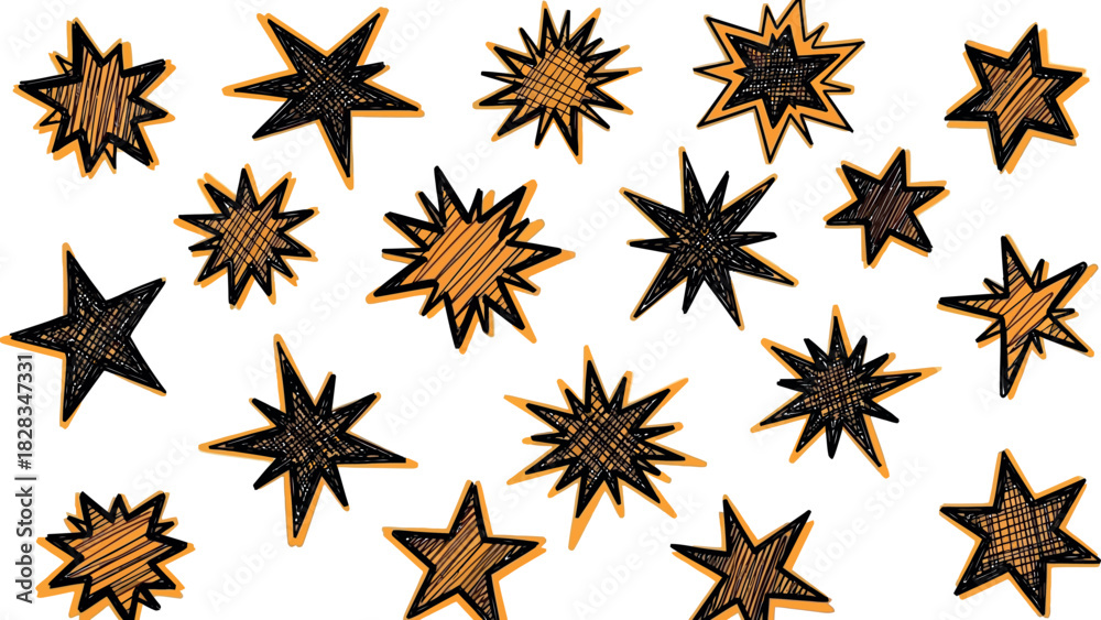 Obraz premium Hand drawn stars and bursts doodle pattern on a white background