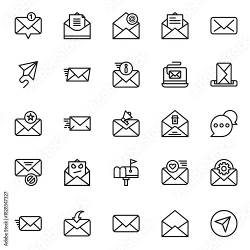 Email, Message, and Communication Line Icon Set. Collection of Envelope, Newsletter, and Contact Outline Symbols.