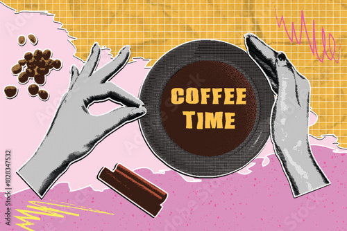 Pop Art Collage Illustration of Vintage Hands Framing Coffee Cup with Beans and Coffee Time Typography