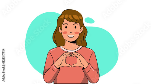Illustration of a woman showing a happy face, and a gesture of encouragement showing support and sharing positive emotions, with a "love" hand gesture, flat illustration on white background.
