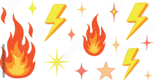 Cartoon fire flames, lightning bolts, and sparking star set