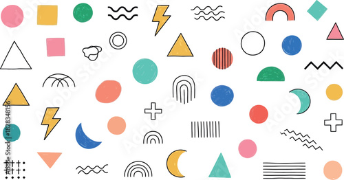 Modern colorful geometric shapes pattern design on clean white.