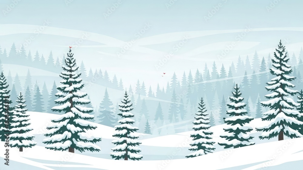 Fototapeta premium Winter landscape illustration with snow-covered fir trees against a backdrop of rolling hills and a hazy sky.