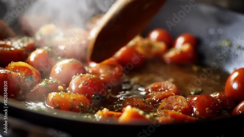 Fresh tomatoes sauteed in a pan with herbs creating a deliciously fragrant dish ready for serving in a cozy kitchen setting