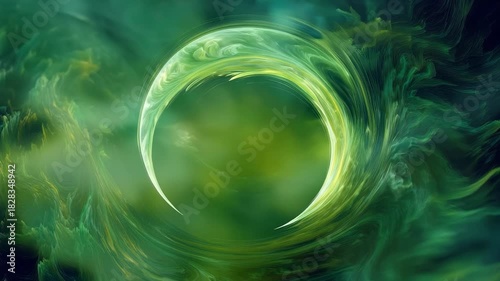 Green crescent moon transforming with spiraling patterns in an ethereal environment