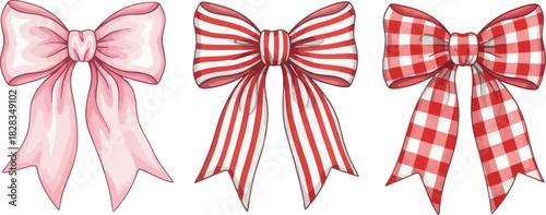 Three decorative fabric bows, pink, red striped and red checkered