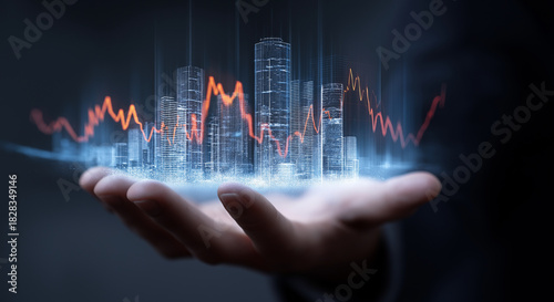 Hand Holding Abstract Digital City Skyline with Fluctuating Line Graph, Real Estate Market and Economic Fluctuation Concept