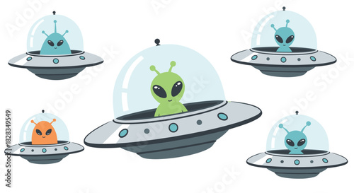 Friendly green, blue, and orange cartoon aliens piloting their sleek silver flying saucers in a cheerful outer space illustration.
