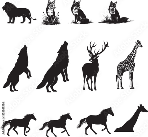 Minimalist Vector Designs Featuring Detailed Animal Silhouettes in Monochrome