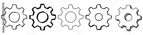 Set Doodle Gear Cog Handdrawn Different Style Vector Ideal for mechanics, teamwork, process, and industrial graphics in a sketch style. Symbolizes system, process, work, and internal mechanics