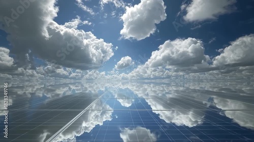 Fluffy clouds float across a bright blue sky reflecting on a serene landscape creating a breathtaking view during a calm afternoon