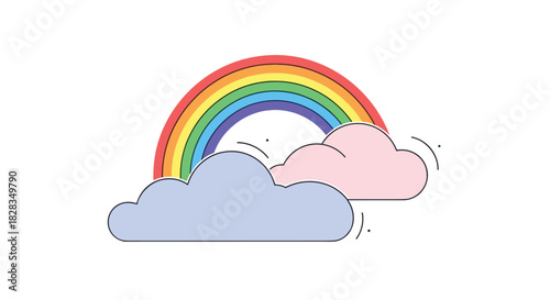 A cheerful illustration of a vibrant rainbow arcing over two fluffy clouds, one blue and one pink, suggesting a magical or whimsical sky scene.