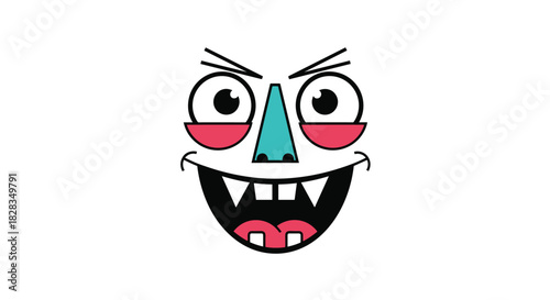 A cartoon illustration of a mischievous monster face with wide eyes, fangs, and a wicked smile, set against a white background.