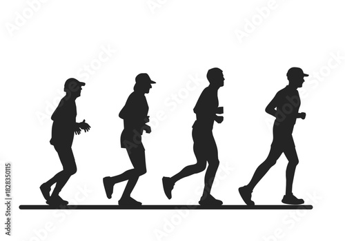 Vector illustration of multiple people jogging in a sequential motion. Clean black silhouettes on a light background, perfect for fitness, health, sports, training, lifestyle, and