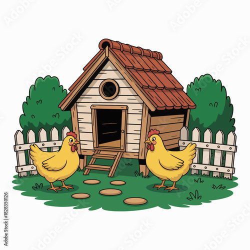 A delightful cartoon illustration featuring a wooden chicken coop, two yellow chickens, and lush green bushes, perfect for adding a touch of charm to any design project.