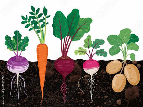 A colorful array of root vegetables, including carrots and beets, beautifully displayed, perfect for illustrating healthy eating and gardening themes.