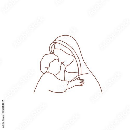 Elegant minimalist line drawing of a mother gently holding her baby. A warm and emotional illustration suitable for motherhood , childcare, family love, and maternal concepts, Eater day