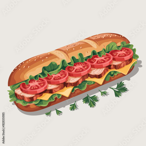 A mouthwatering illustration of a sub sandwich generously filled with fresh vegetables, meats, and cheeses, reflecting an appetizing and healthy meal choice.