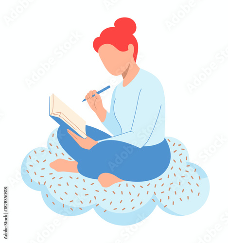 A whimsical representation of a woman sitting on a cloud, writing in a notebook, embodies tranquility, creativity, and the beauty of imagination and self-expression.